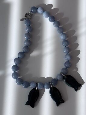 Blue Jade green jasper 3 Fish pendants Round 14 mm Beads Necklace